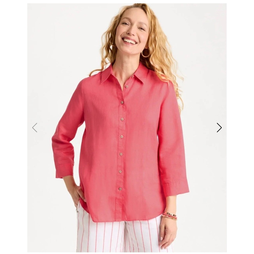 Chico's No Iron Coral Pink 100% Linen Button Down Shirt 3/4 Sleeve Size 3 XL 16